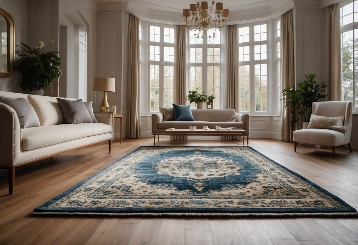 An elegant silk rug lies gracefully in the center of a spacious, well-lit living room, adding a touch of luxury and sophistication to the decor