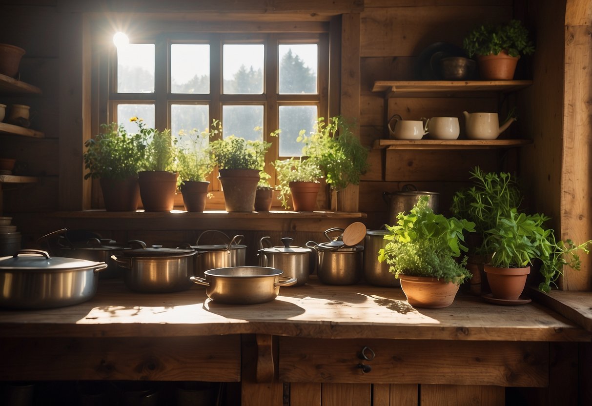 A cozy rustic kitchen with wooden cabinets, open shelves, vintage cookware, and potted herbs on a farmhouse table. Sunlight streams through a window, casting warm shadows on the worn, hardwood floors