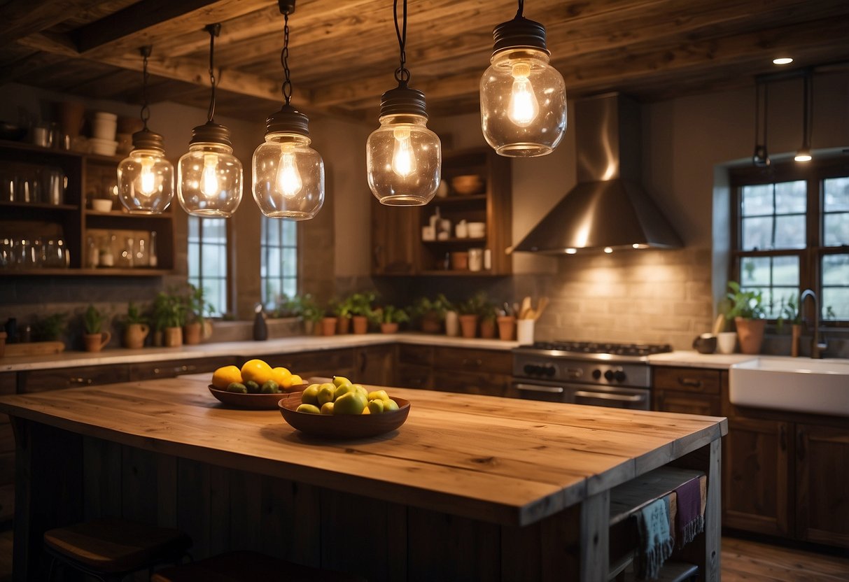 A rustic kitchen with repurposed mason jar chandeliers hanging from the ceiling, casting a warm and cozy glow over the space