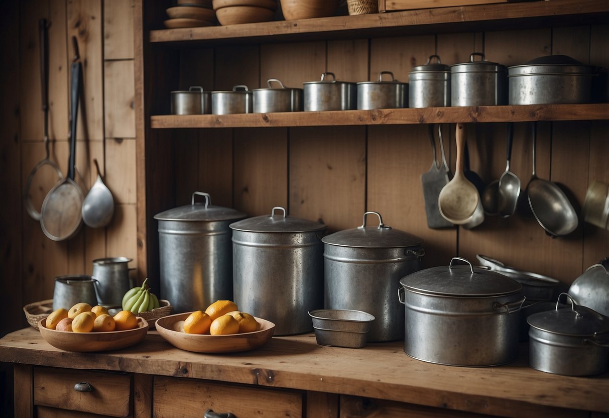 Rustic kitchen scene with galvanized metal storage bins, wooden shelves, and vintage kitchenware