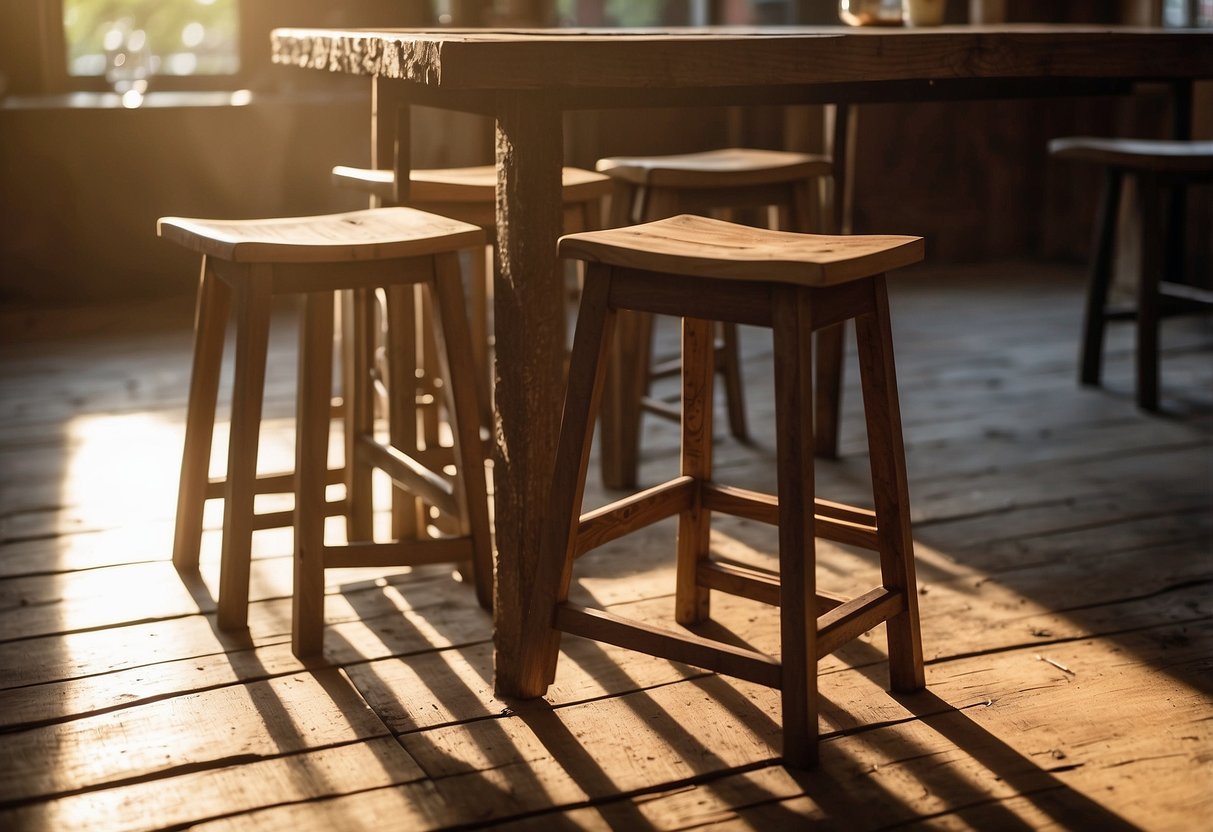 Rustic wooden bar stools sit against a weathered kitchen island. Sunlight streams through the window, casting warm shadows on the worn wood