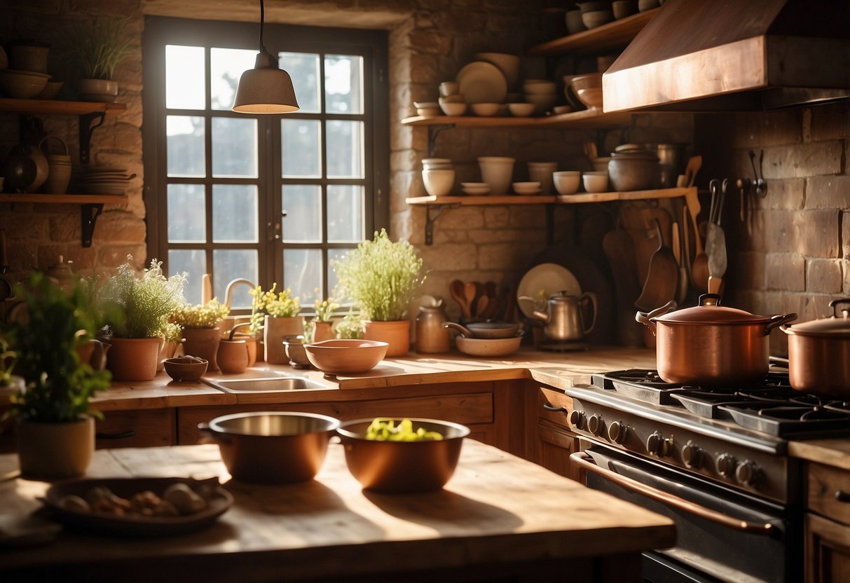 A warm, inviting kitchen with wooden countertops, hanging copper pots, and a crackling fireplace. Sunlight streams in through the window, casting a cozy glow over the rustic decor