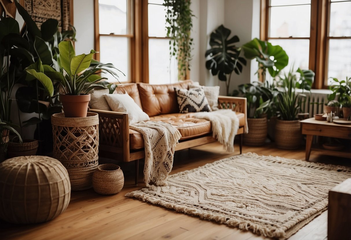 A cozy living room with vintage rugs, macrame wall hangings, and wooden furniture. Plants and earthy tones create a warm, bohemian atmosphere