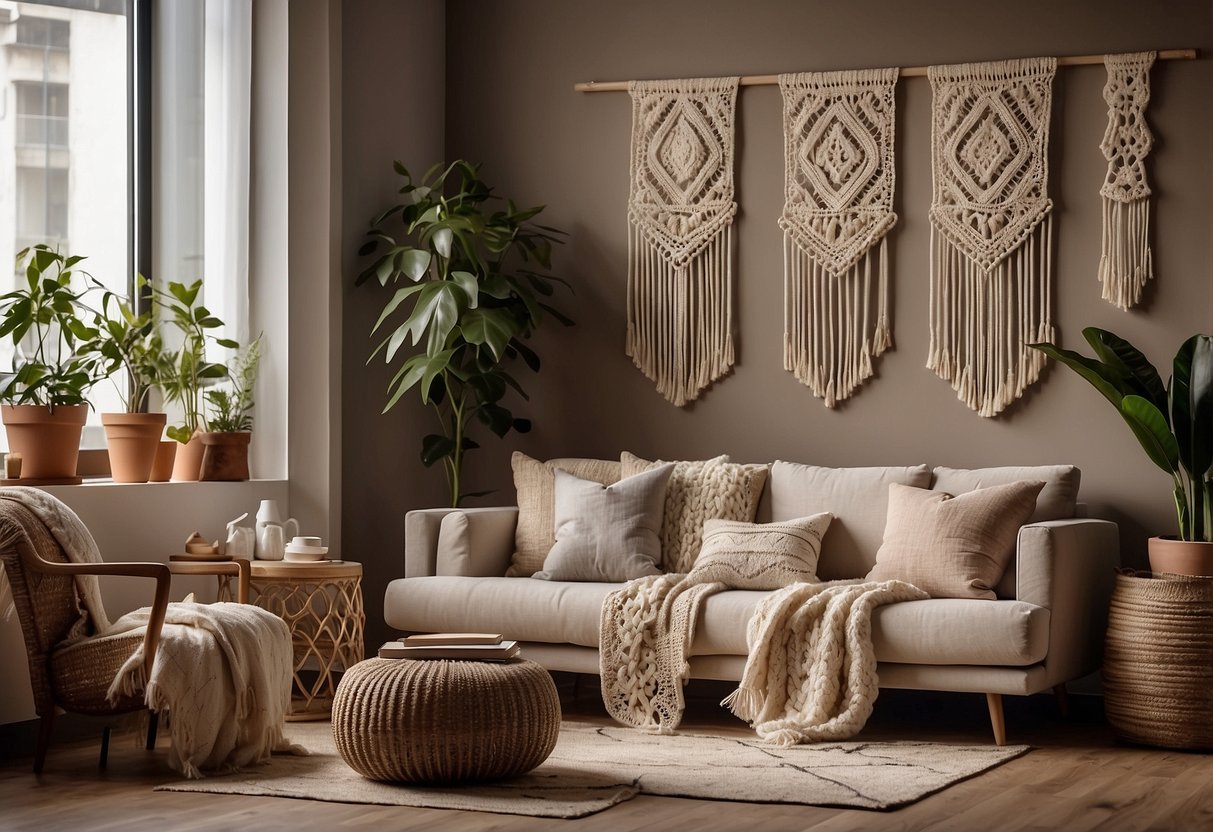 A cozy living room with a neutral-toned wall adorned with multiple macrame wall hangings in various sizes and designs, adding a touch of rustic boho charm to the space