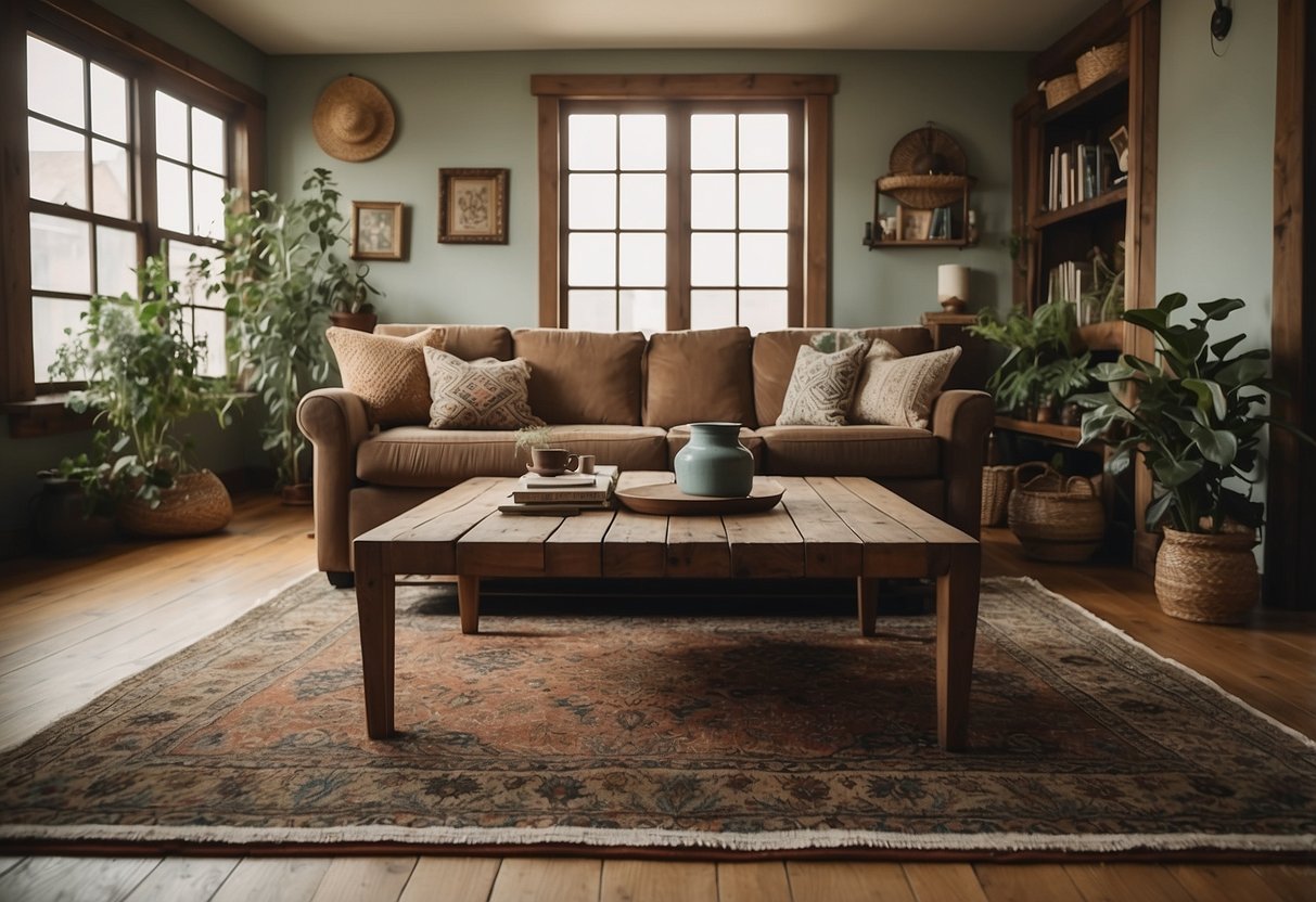 A cozy living room with vintage Persian rugs, layered with rustic boho decor and earthy elements