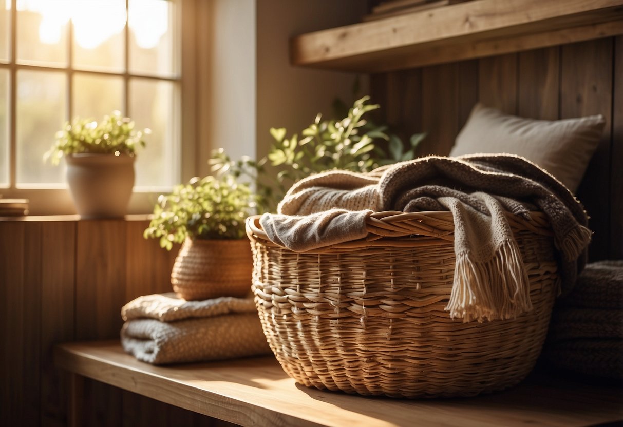 A wicker basket sits on a wooden shelf, filled with cozy blankets and pillows. Sunlight filters through the window, casting a warm glow on the rustic boho home decor