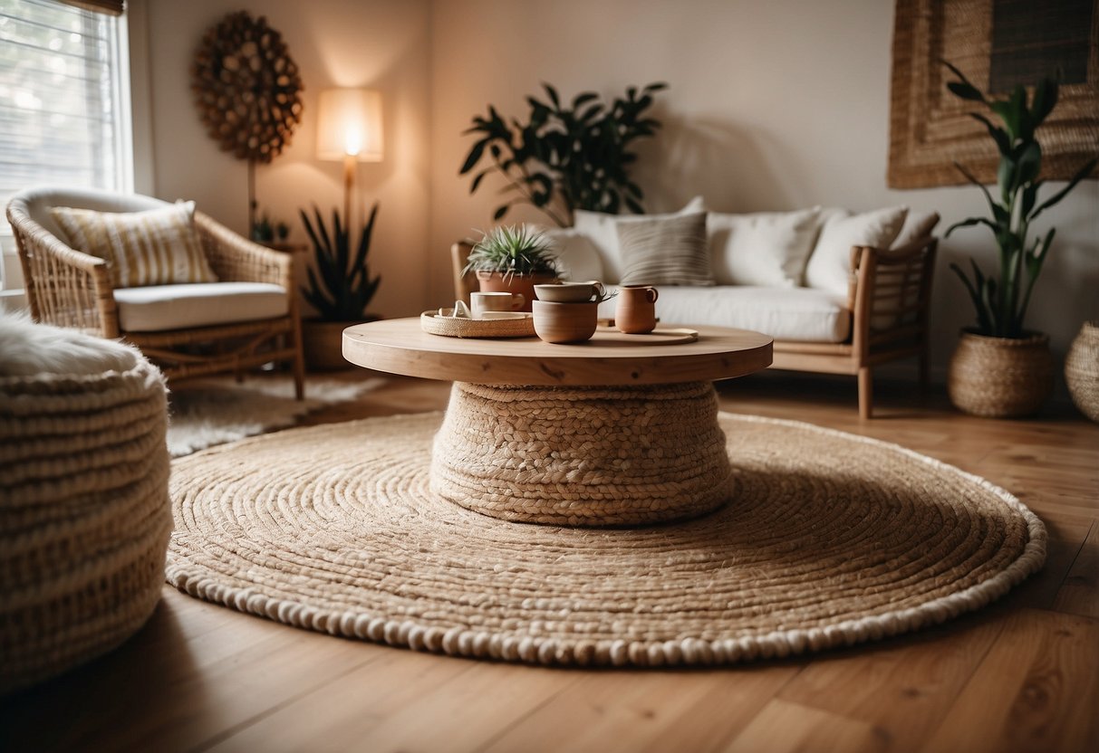 A cozy living room with a handwoven jute area rug, surrounded by boho-inspired decor and natural elements