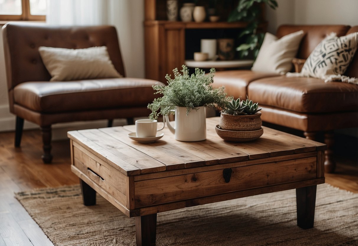 Two antique wooden coffee tables, adorned with vintage trinkets and surrounded by cozy boho decor in a rustic living room