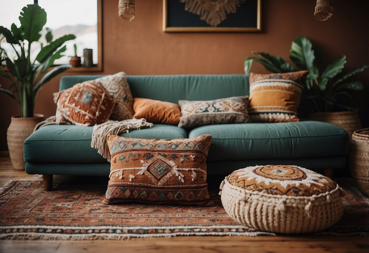 A cozy living room with Bohemian throw pillows scattered on a rustic sofa, complementing the boho decor with earthy tones and vibrant patterns