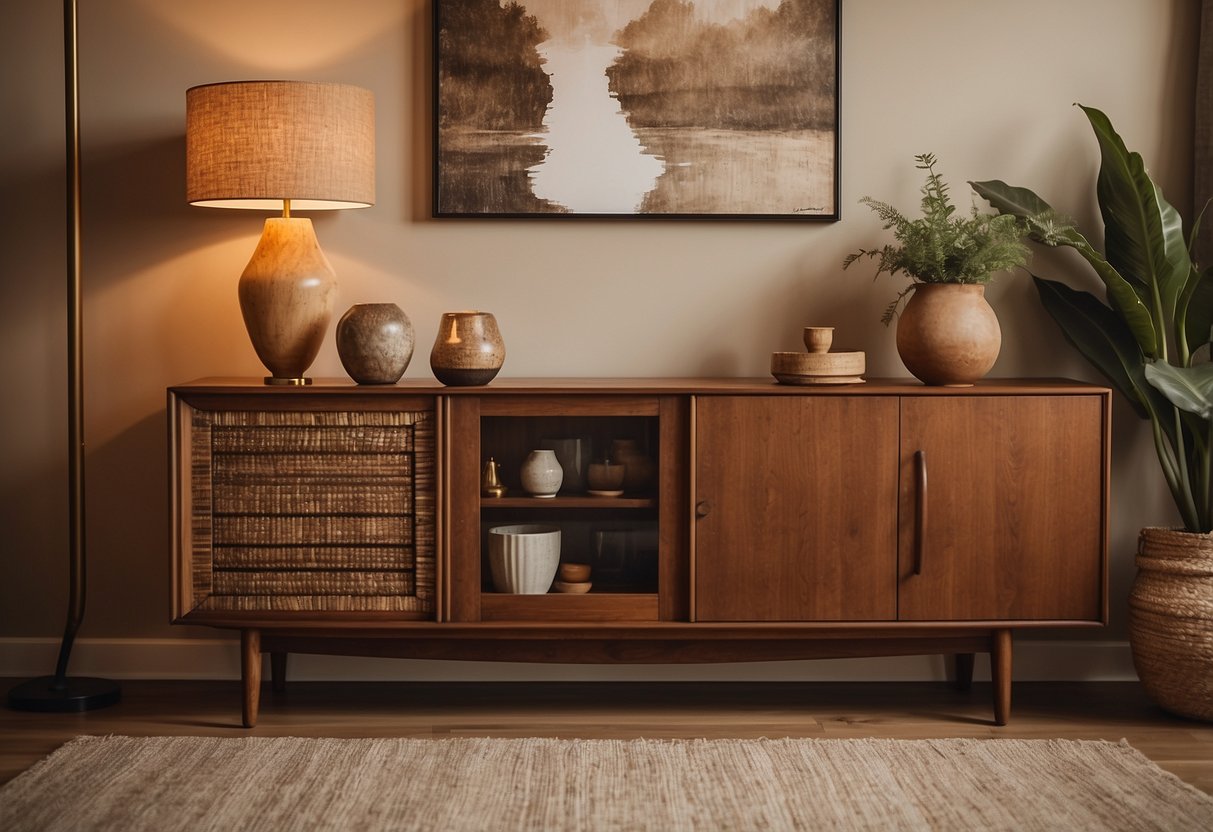 A cozy living room with a Mid-Century Modern sideboard, adorned with rustic boho decor. Warm lighting and earthy tones create a relaxed atmosphere