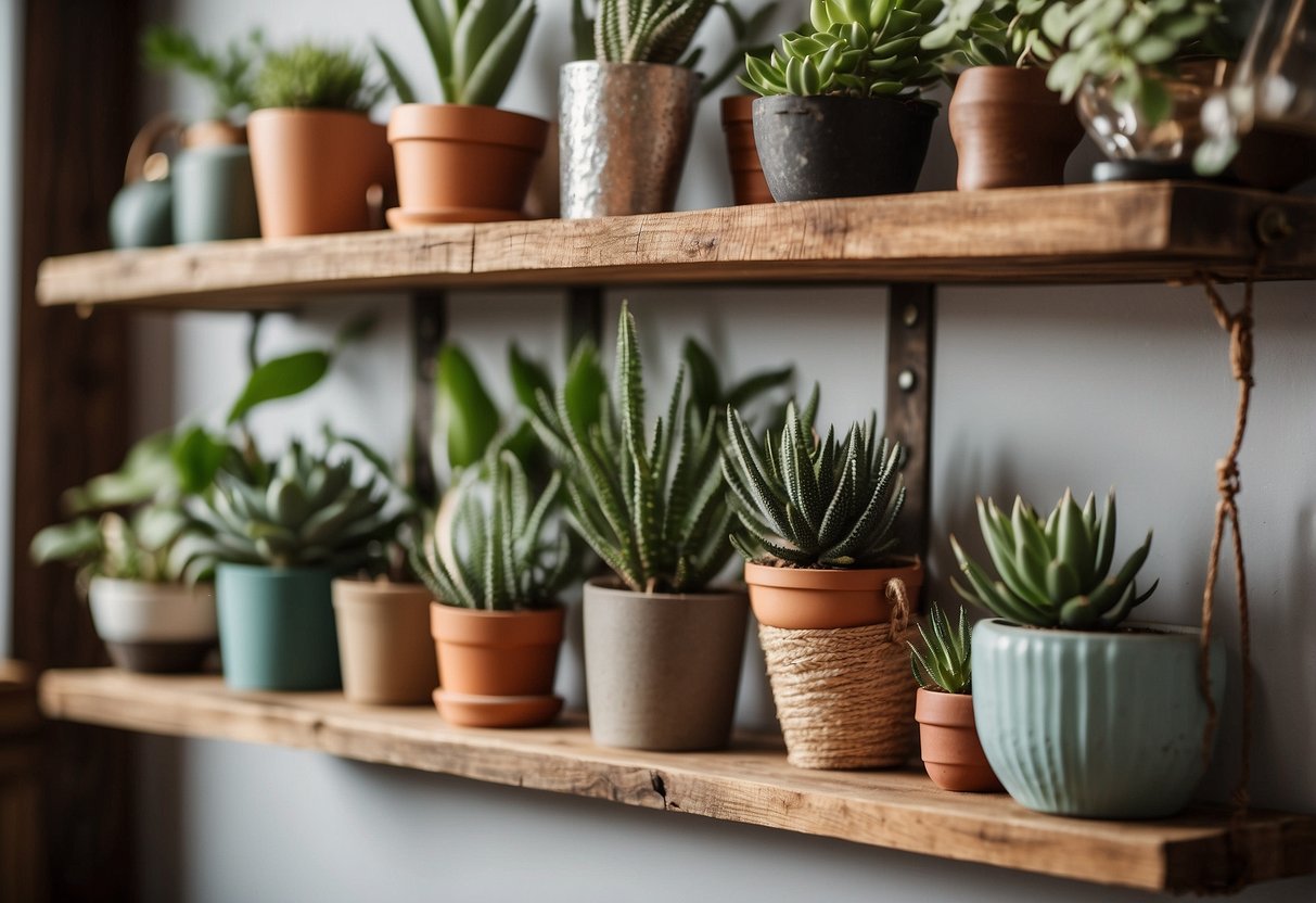 Rustic reclaimed wood shelves adorned with bohemian decor, plants, and vintage trinkets, creating a cozy and eclectic vibe