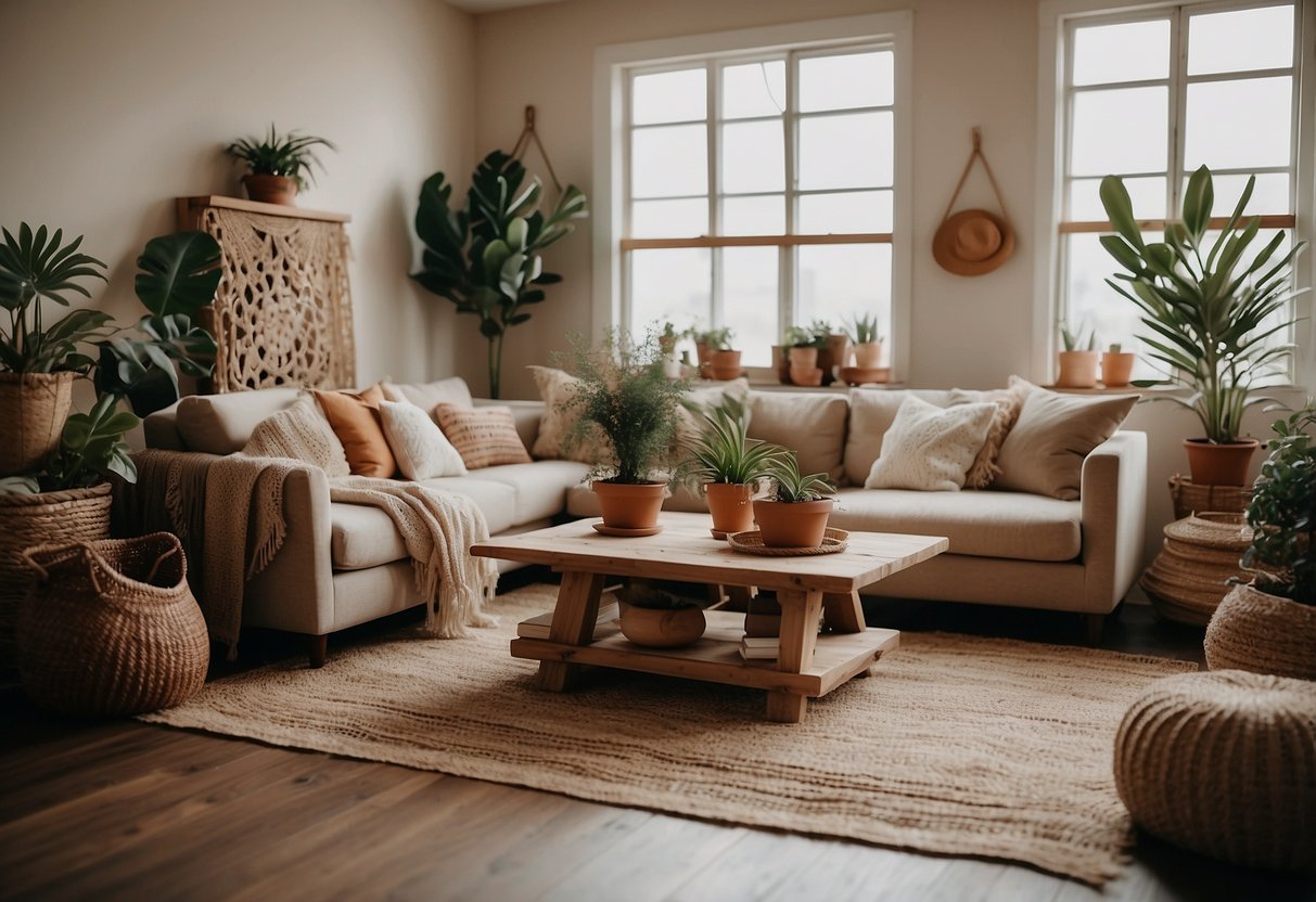 A cozy living room with earthy tones, textured fabrics, and natural materials. Potted plants, macrame wall hangings, and vintage rugs complete the rustic boho aesthetic