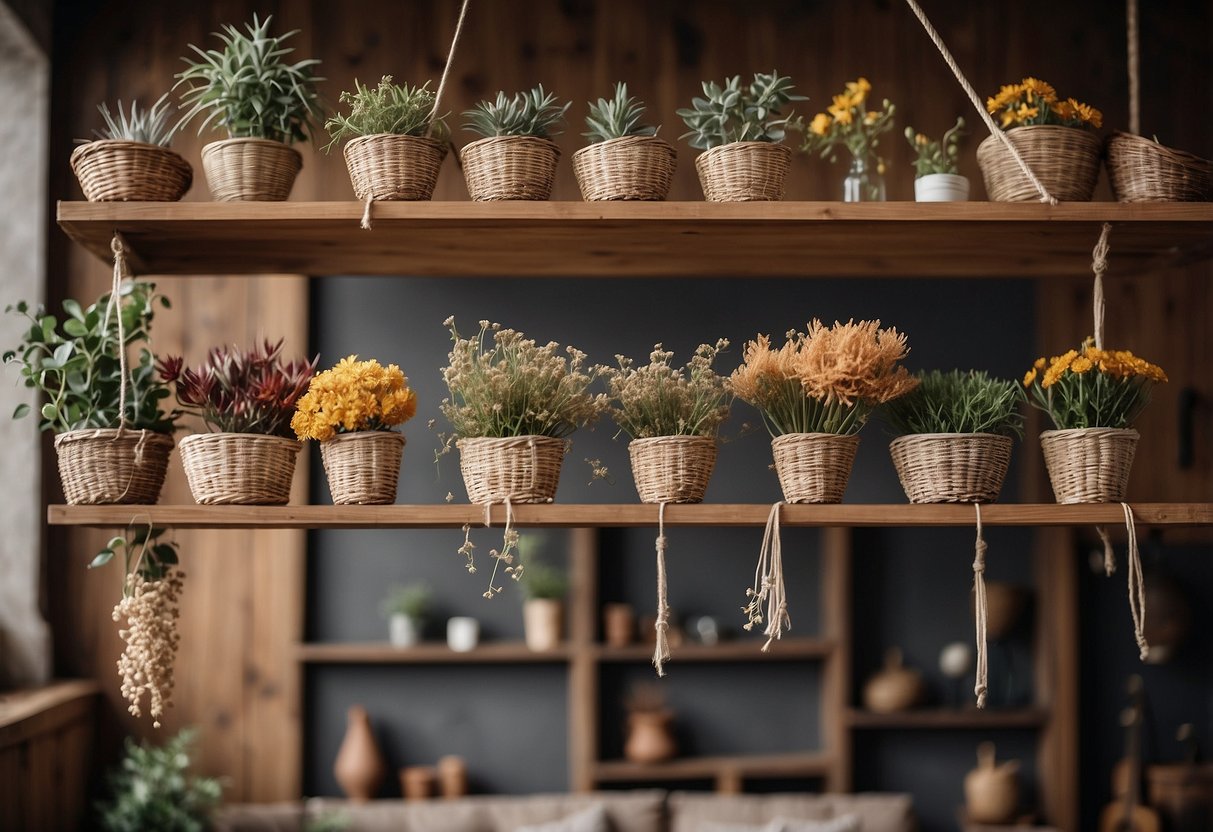 A wooden shelf adorned with dried flowers, wicker baskets, and woven textiles. A macrame wall hanging and potted plants add to the natural, rustic boho decor