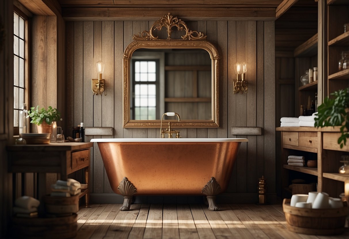 A vintage bathtub sits next to a wooden vanity with a copper sink. Antique mirrors and rustic shelves adorn the walls