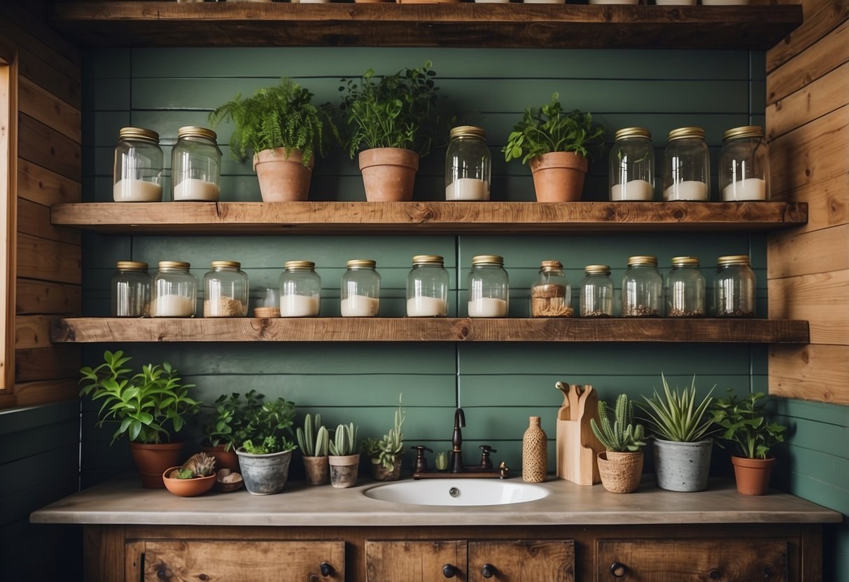 Rustic bathroom with reclaimed wood shelves, vintage mason jars, and green plants