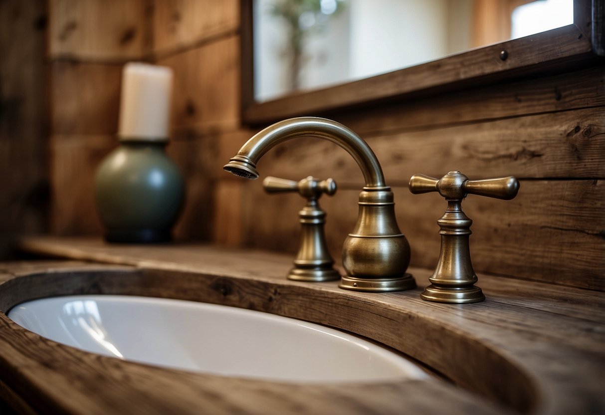 A vintage brass faucet mounted on a weathered wooden vanity in a rustic bathroom setting