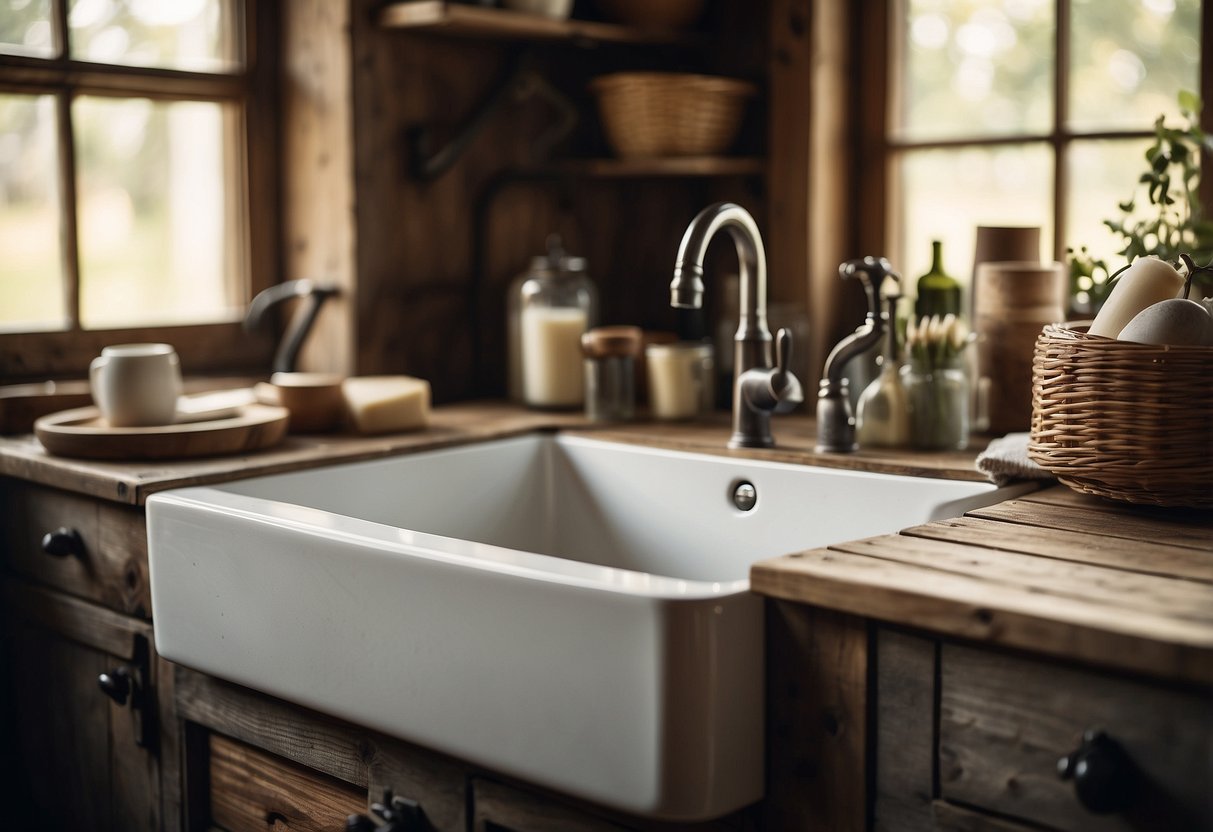 A farmhouse sink sits in a rustic bathroom, surrounded by weathered wood, vintage fixtures, and natural accents