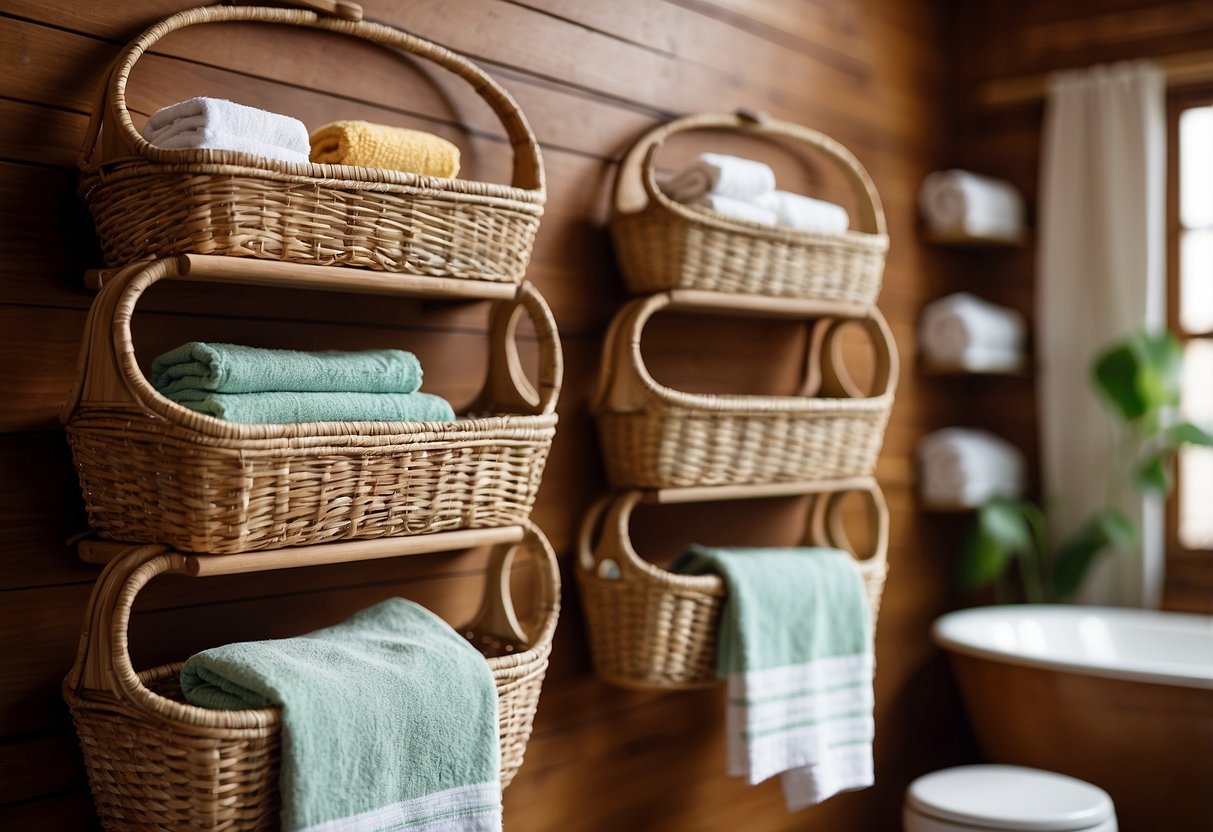 Woven baskets hang on wooden hooks, filled with towels and toiletries, adding a rustic touch to the bathroom decor