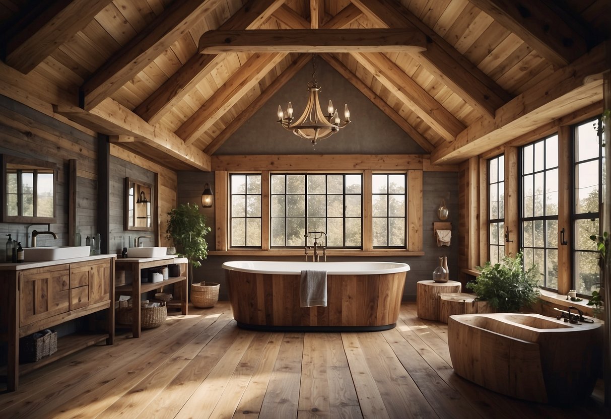 A rustic bathroom with an exposed beam ceiling, featuring natural wood elements, vintage fixtures, and earthy tones