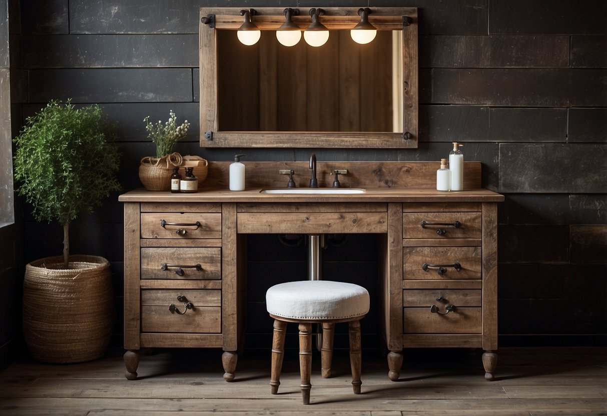 A weathered wooden vanity with chipped paint and tarnished hardware sits against a backdrop of aged, textured walls and vintage fixtures in a rustic bathroom