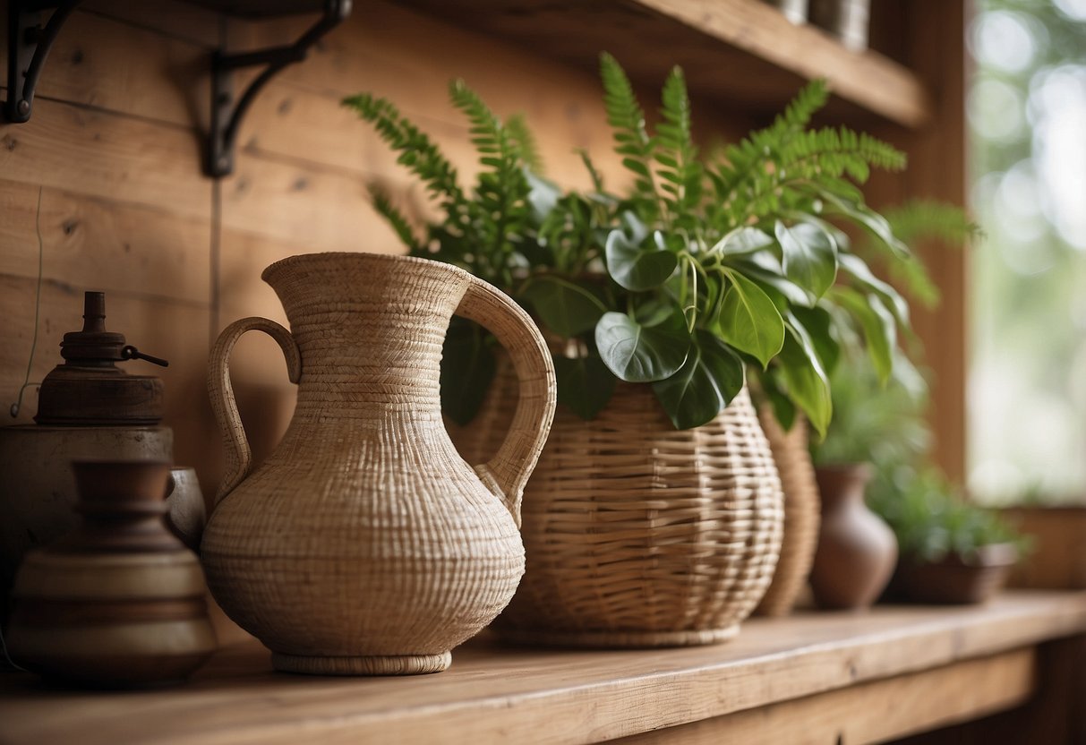 A ceramic pitcher vase sits on a wooden shelf in a rustic bathroom, surrounded by natural elements like plants and woven baskets