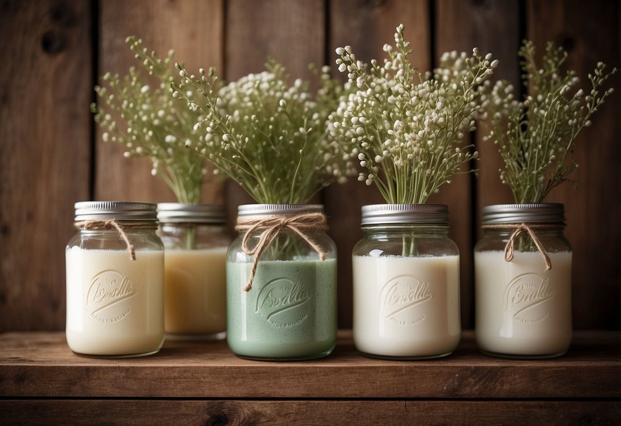 Rustic bathroom decor: Handmade soap dispensers on wooden shelves, vintage mason jars, and natural elements like twine and wood accents