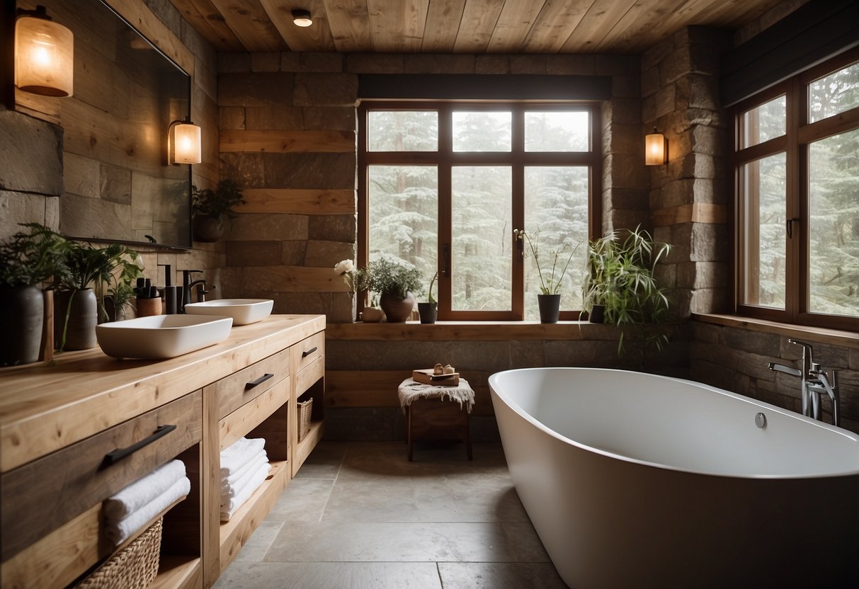 A rustic bathroom with soft lighting, earthy color schemes, and natural textures like wood and stone