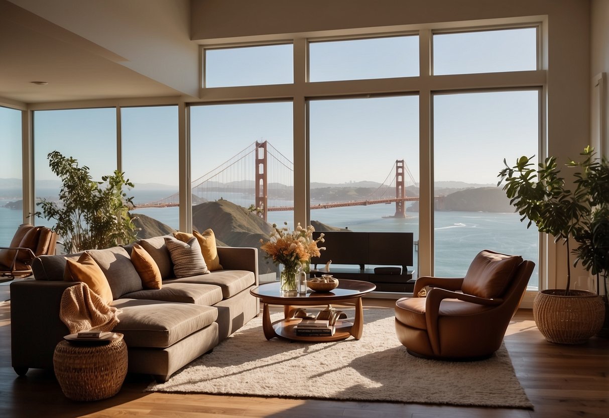 A cozy living room with a panoramic view of the Golden Gate Bridge, featuring modern furniture, warm earthy tones, and local artwork