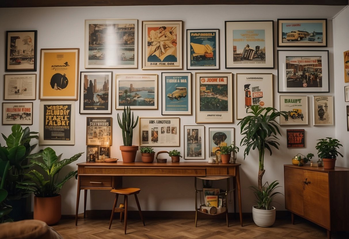 Vintage posters displayed on a gallery wall, with a mix of colors and styles. The room is decorated with mid-century furniture and plants, creating a cozy and nostalgic atmosphere