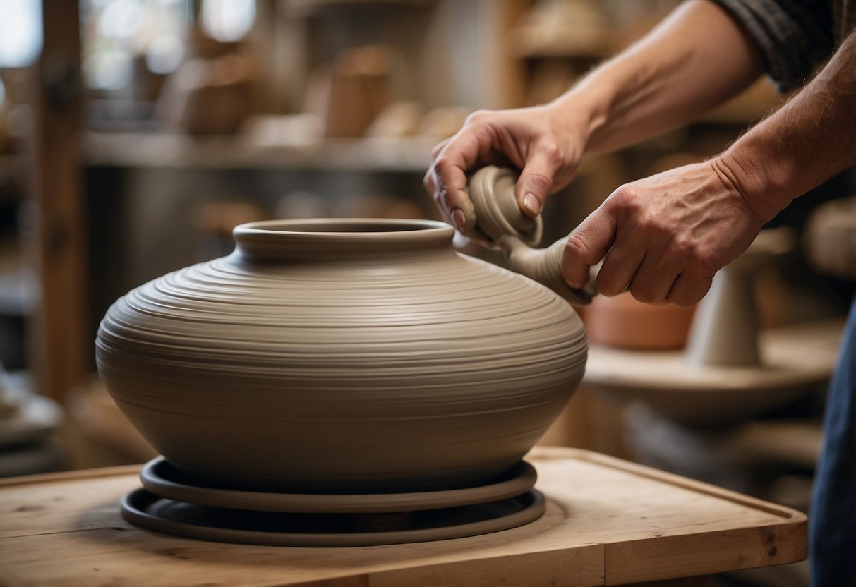 A rustic pottery wheel spins as a skilled artisan molds clay into a beautiful vase at Heath Ceramics in San Francisco. Shelves are lined with unique, handcrafted pieces, showcasing the artistry and craftsmanship of the home decor