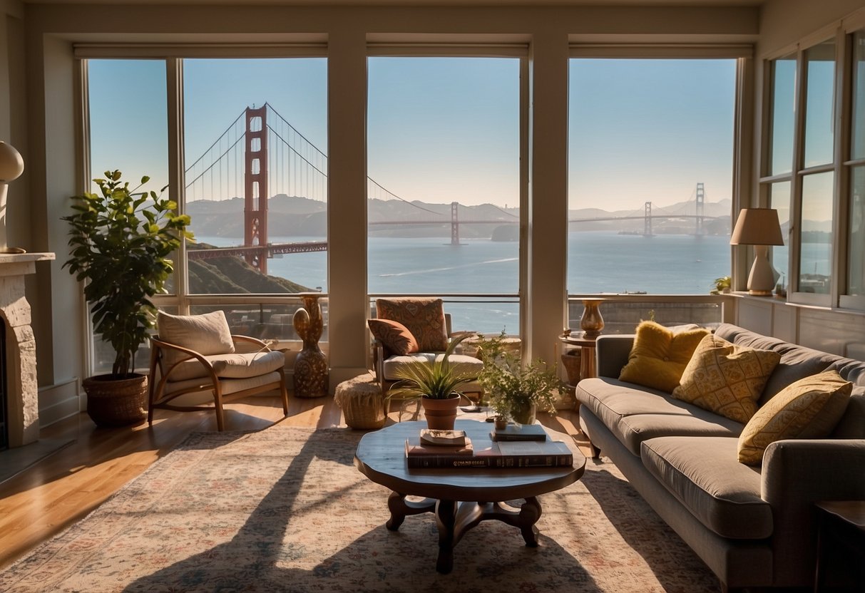 A cozy living room with a fireplace, surrounded by vintage furniture and colorful tapestries, overlooking the Golden Gate Bridge through a large window