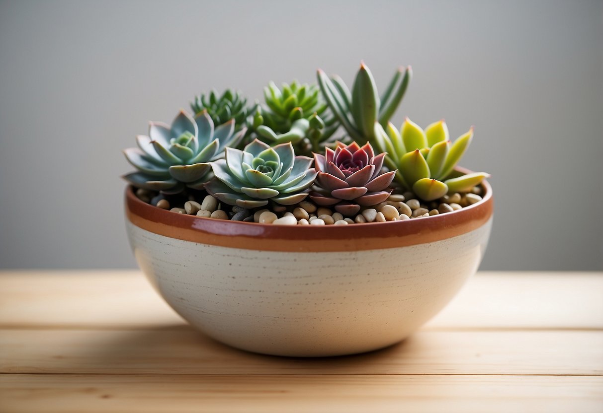 A variety of colorful succulents arranged in a modern ceramic pot, placed on a wooden shelf against a white wall