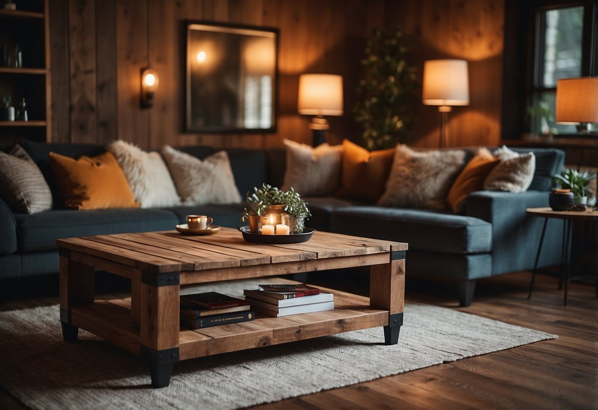 A rustic coffee table made of reclaimed wood sits in a cozy living room, surrounded by plush couches and warm lighting