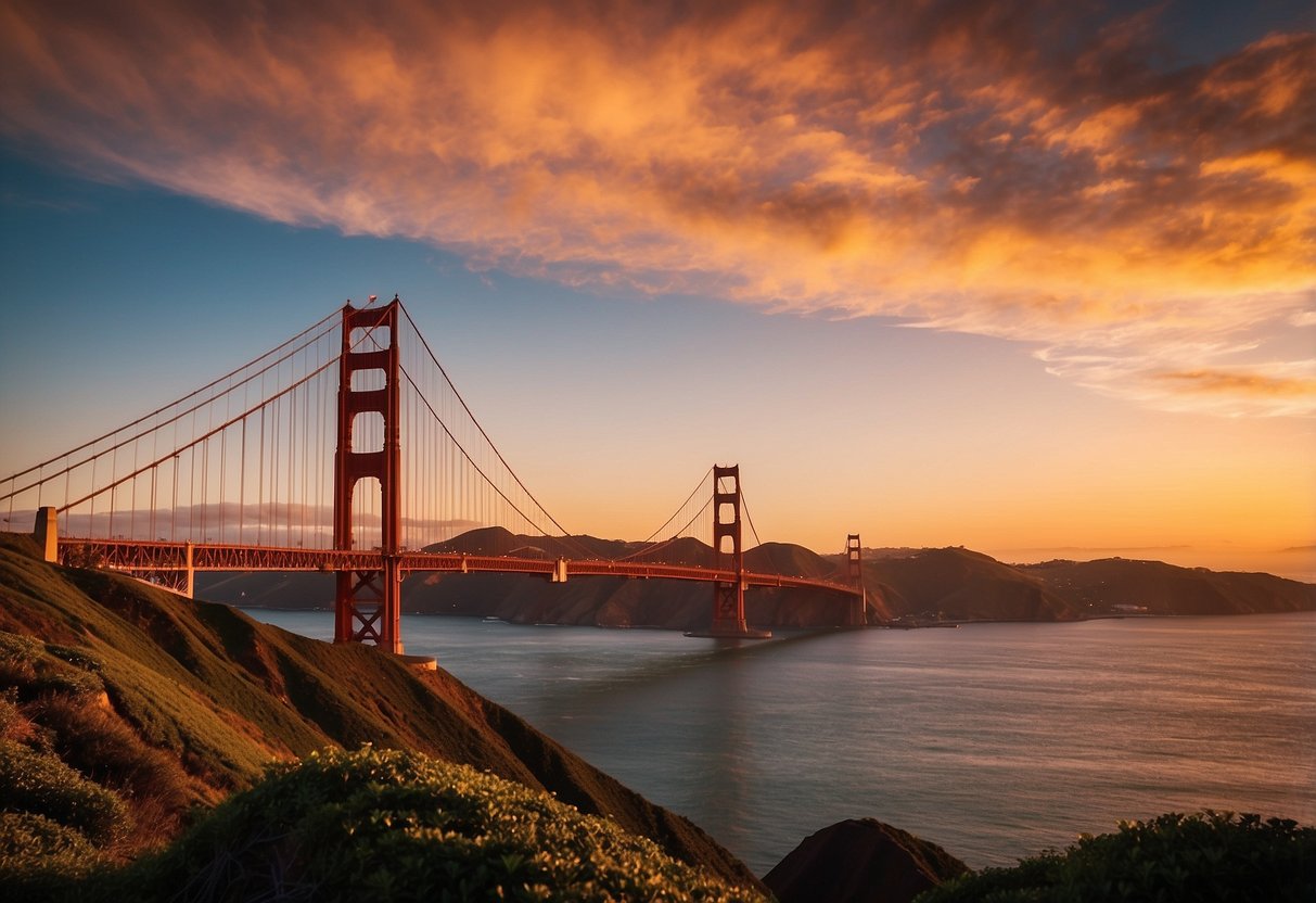 The iconic Golden Gate Bridge stands tall against a vibrant sunset, casting a striking silhouette over the water. A perfect addition to San Francisco home decor