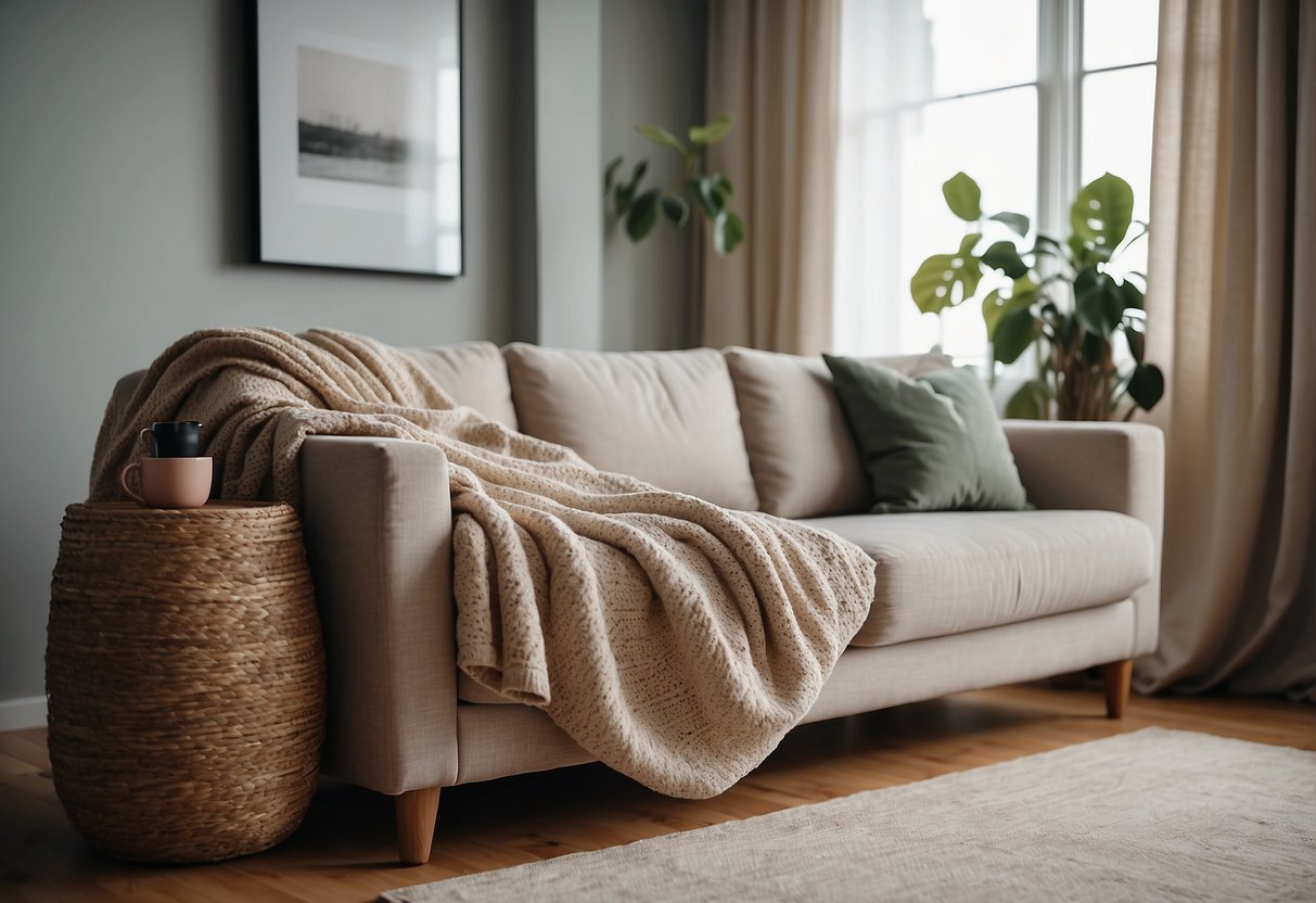 A cozy living room with a natural color palette, featuring a soft, organic cotton throw draped over a comfortable sofa