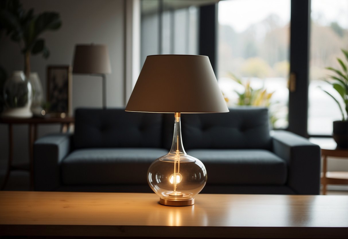 A sleek mid-century modern lamp sits on a clean, minimalist table, casting a warm glow in a modern living room