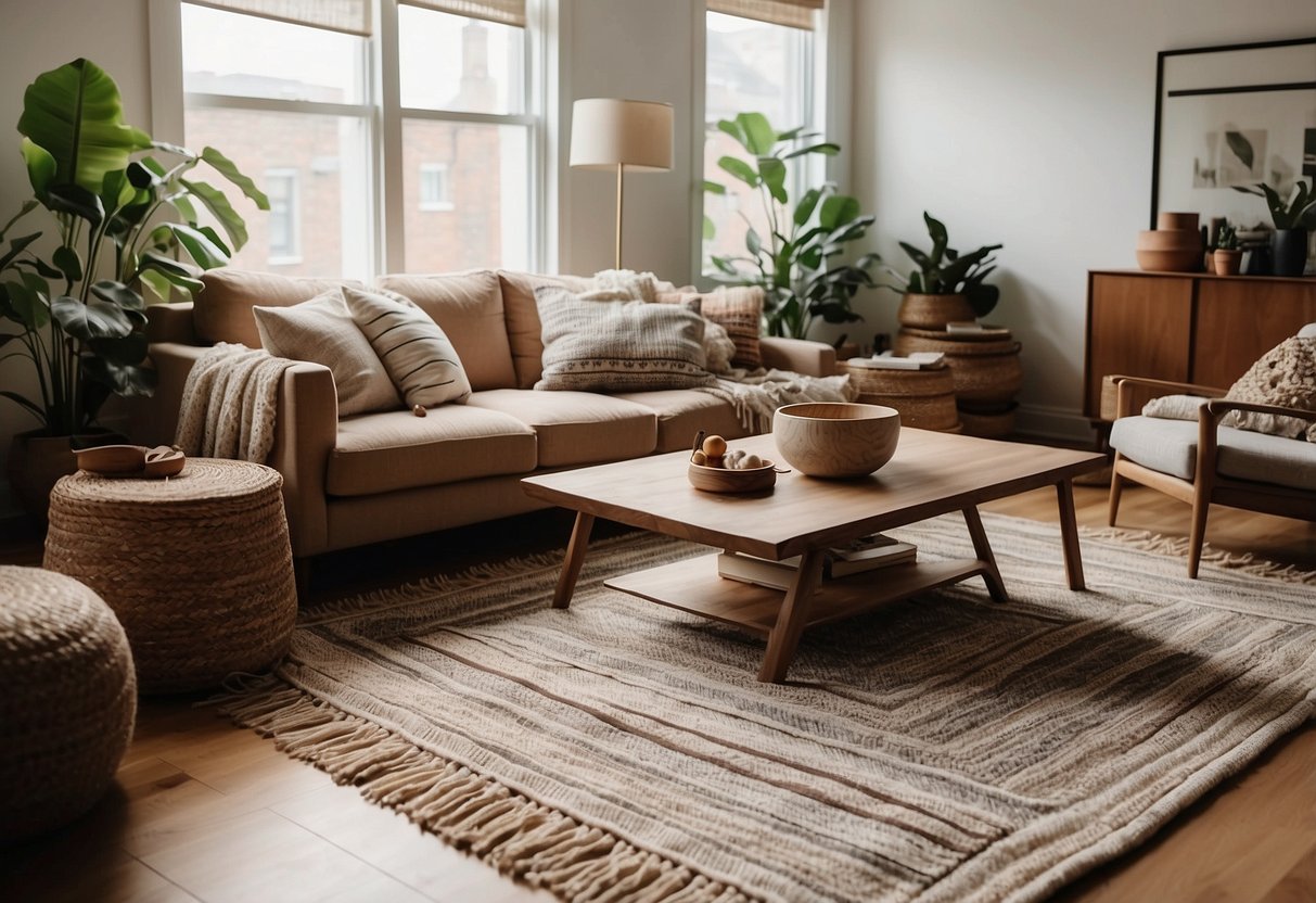 A cozy living room with handwoven rugs from The Citizenry, adding warmth and texture to the space