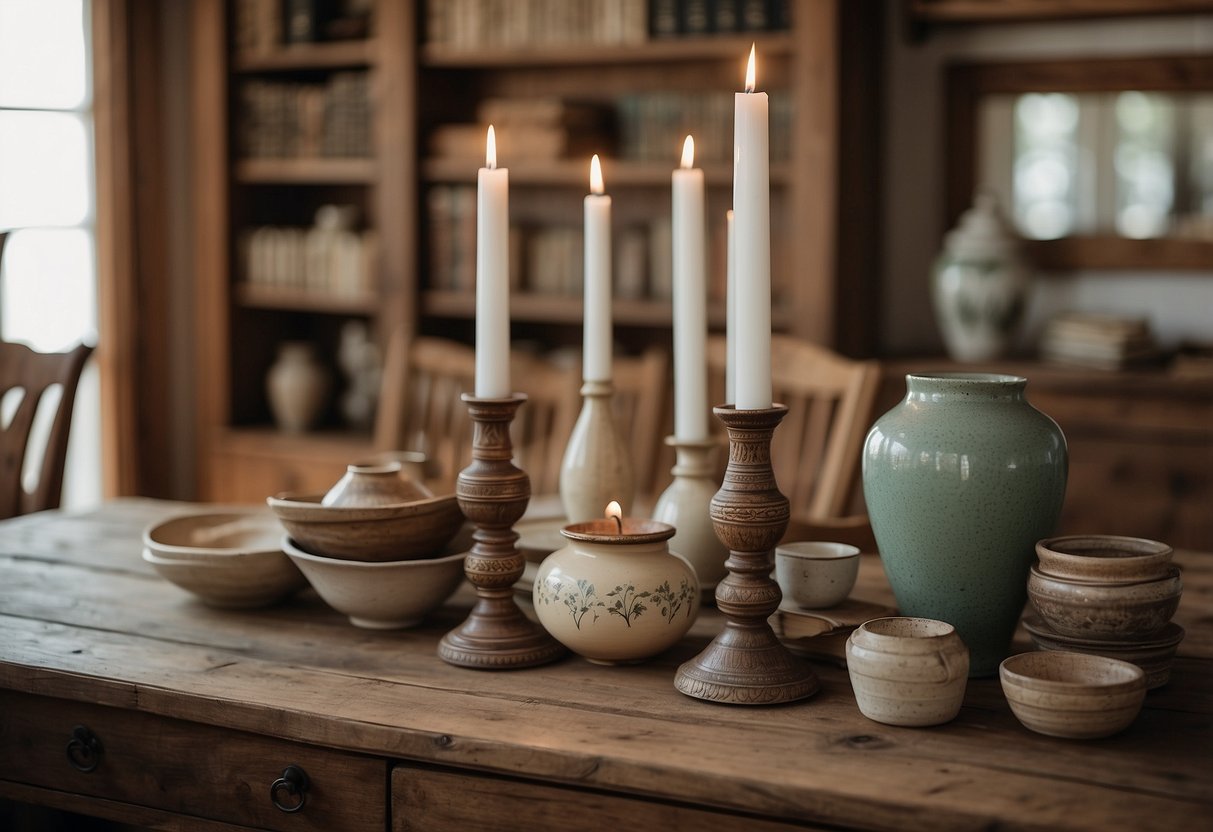 A rustic wooden table adorned with vintage candlesticks, ceramic vases, and antique books sourced from San Francisco, creating a cozy and eclectic home decor display