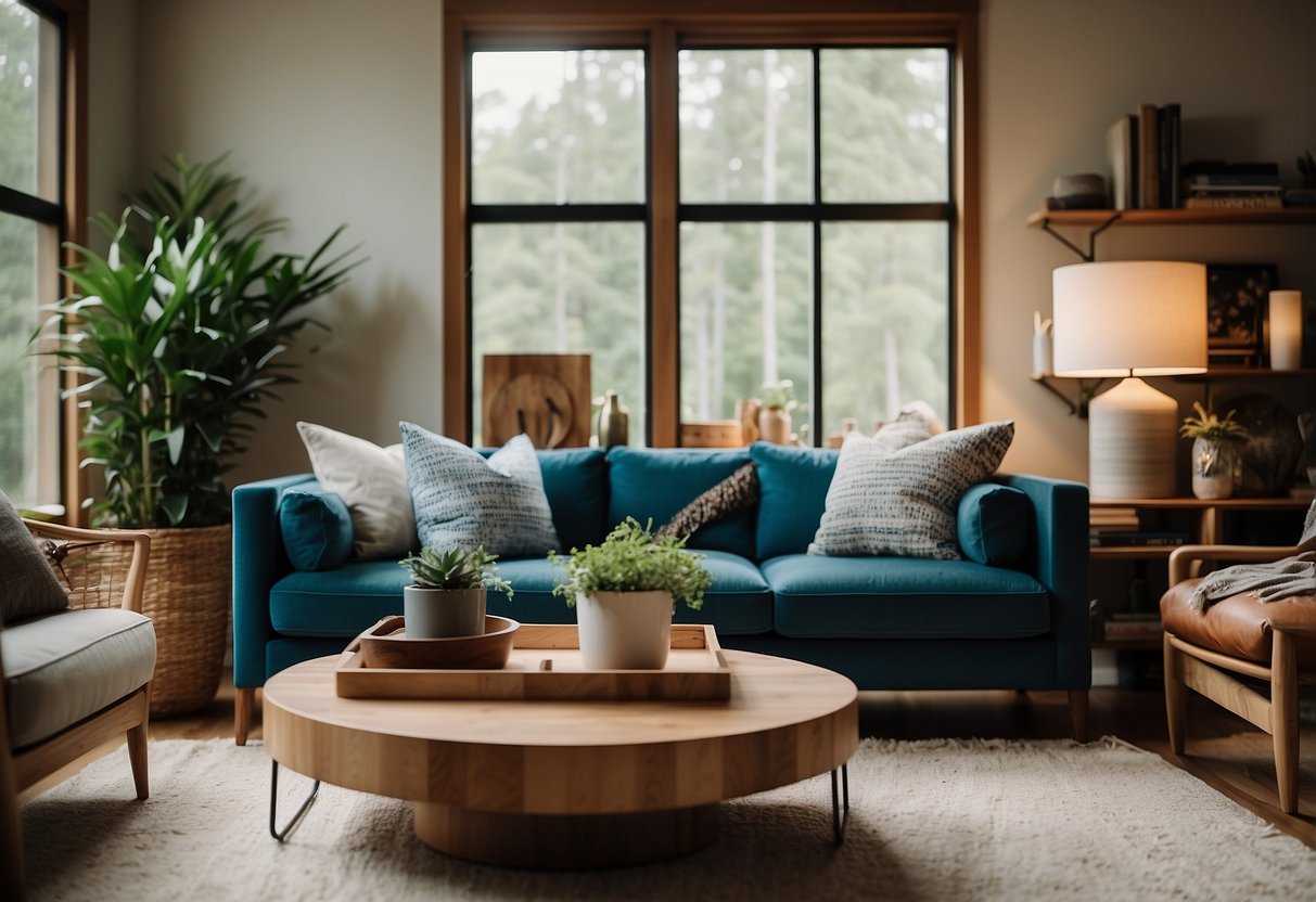 A cozy living room with earthy tones and pops of vibrant blues and greens. Warm wood accents and natural textures create a modern yet inviting space