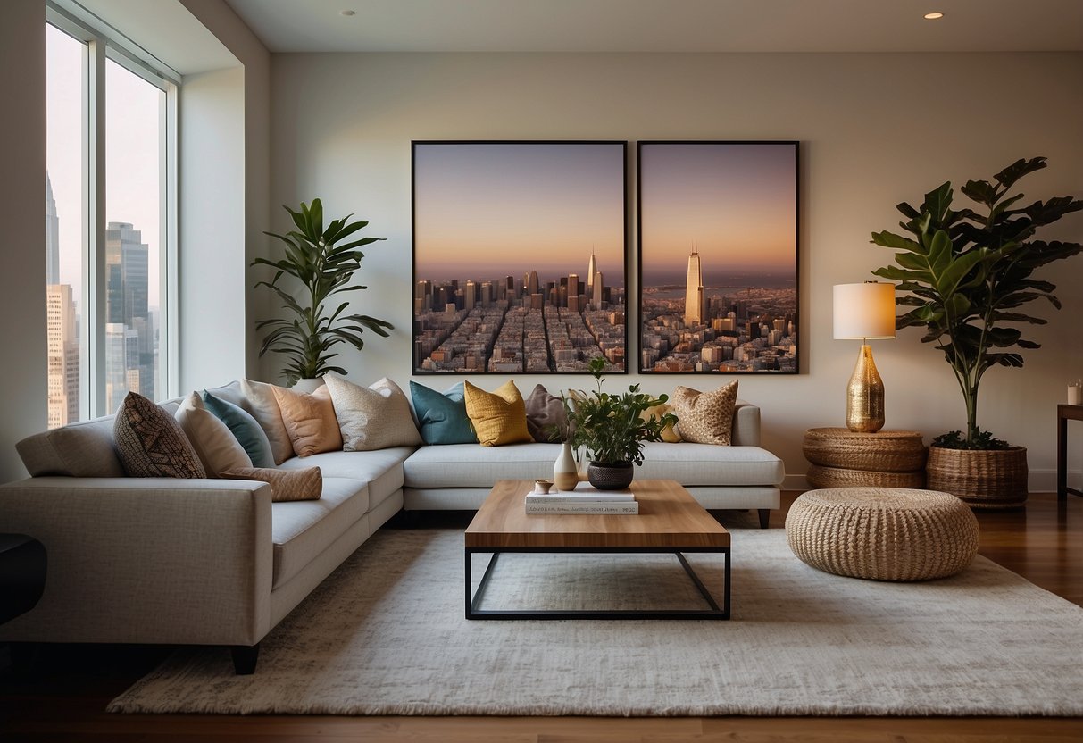 A cozy living room with a large, plush area rug, a variety of throw pillows on the sofa, and a stylish gallery wall featuring San Francisco-themed art