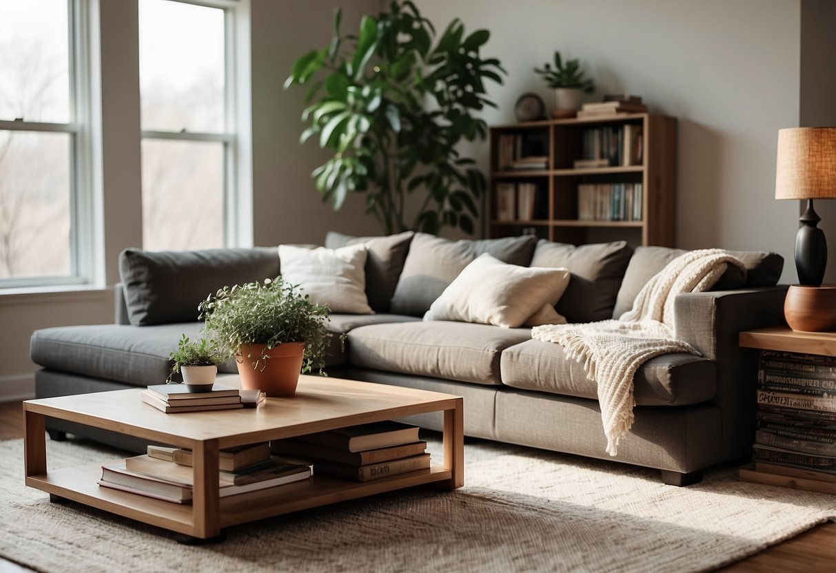 A cozy sectional couch with throw pillows, a soft blanket, and a coffee table with a stack of books and a potted plant