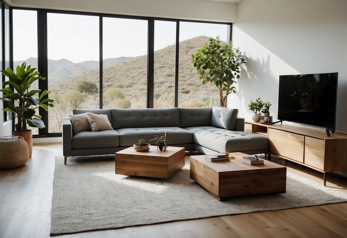 A modern living room with a West Elm modular sectional as the focal point, surrounded by minimalist home decor and natural light