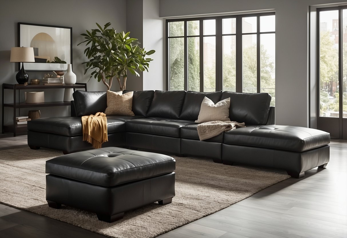 A leather reversible chaise sectional couch sits in a modern living room, surrounded by minimalist home decor and bright natural lighting