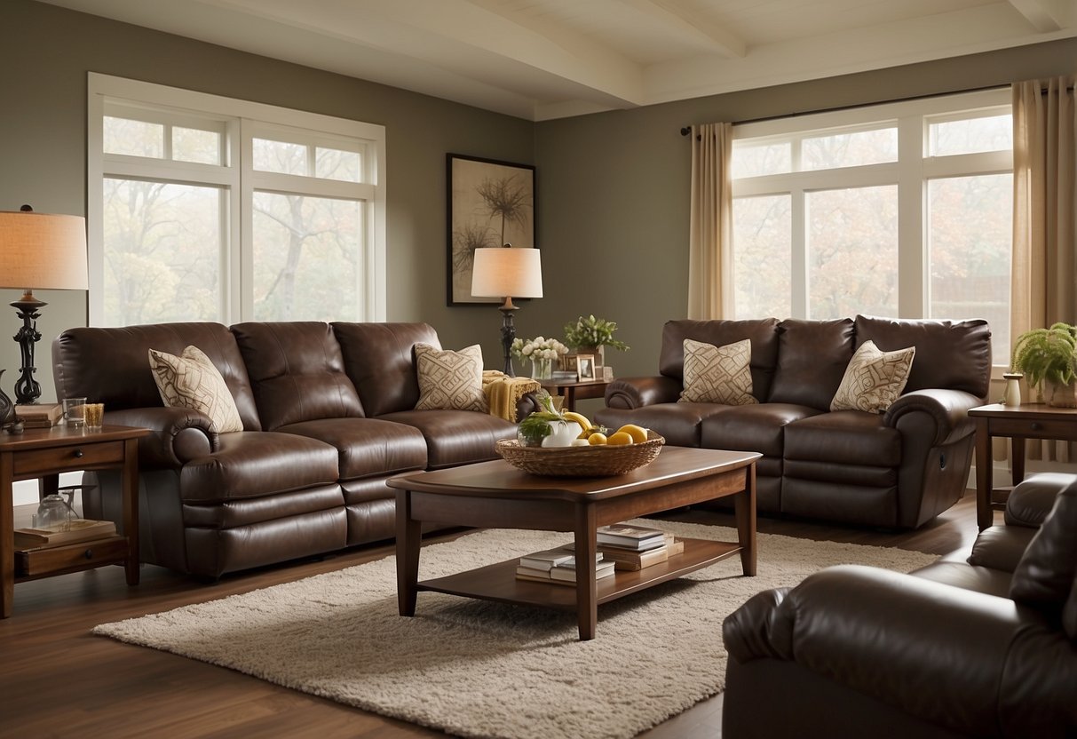 A cozy living room with a La-Z-Boy upholstered reclining sectional as the focal point, surrounded by warm and inviting home decor