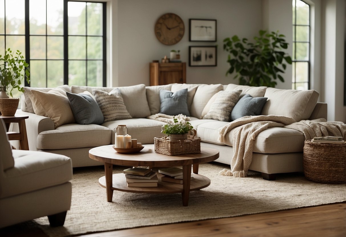 An L-shaped linen sectional couch by Pottery Barn sits in a cozy living room, adorned with stylish throw pillows and a soft blanket