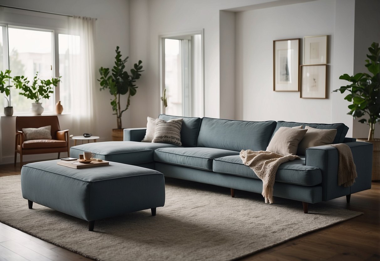 A cozy living room with a modular sleeper sectional from Ikea as the focal point, surrounded by stylish home decor elements