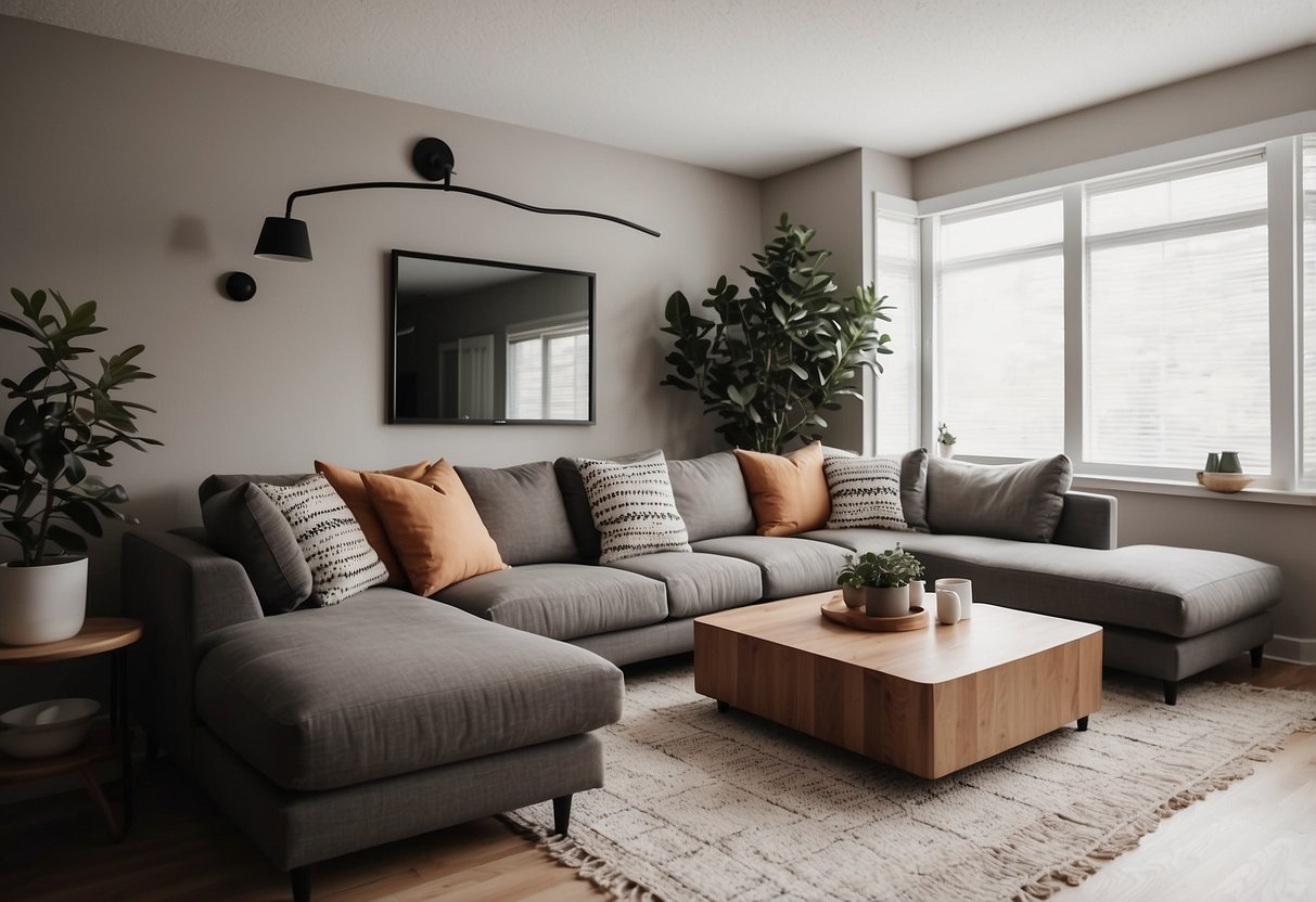 A spacious living room with a modern U-shaped sectional couch as the centerpiece, adorned with throw pillows and a cozy blanket