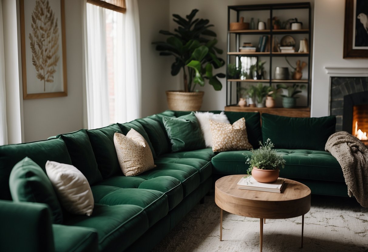 A cozy living room with a green velvet sectional couch from Anthropologie, adorned with stylish home decor accents