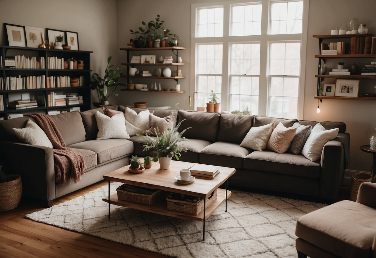 A cozy second living room with a plush sectional sofa, a large area rug, and a statement coffee table surrounded by shelves filled with books and decorative items