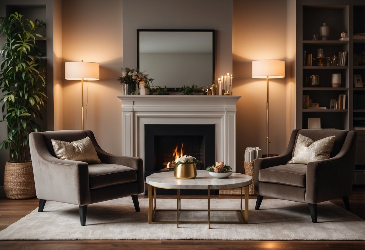 A cozy second living room with two velvet accent chairs, a coffee table, and warm lighting